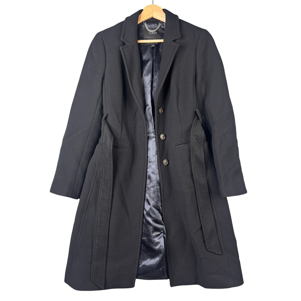J.Crew Italian Double Cloth Wool Lady Coat Black Belted Trench BC934 Size 0
